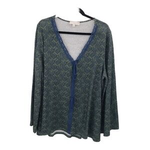 Weekend Suzanne Betro 1x Paisley Knit Peasant Tunic Top Green Blue Lace Tassel